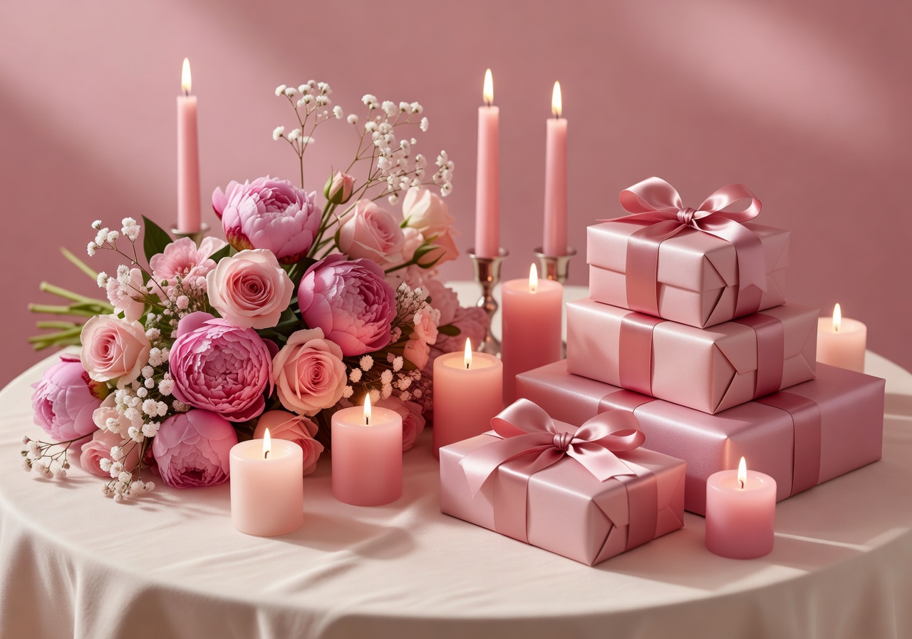 Beautiful romantic gift setup with flowers, candles, and wrapped gift boxes in soft pink lighting