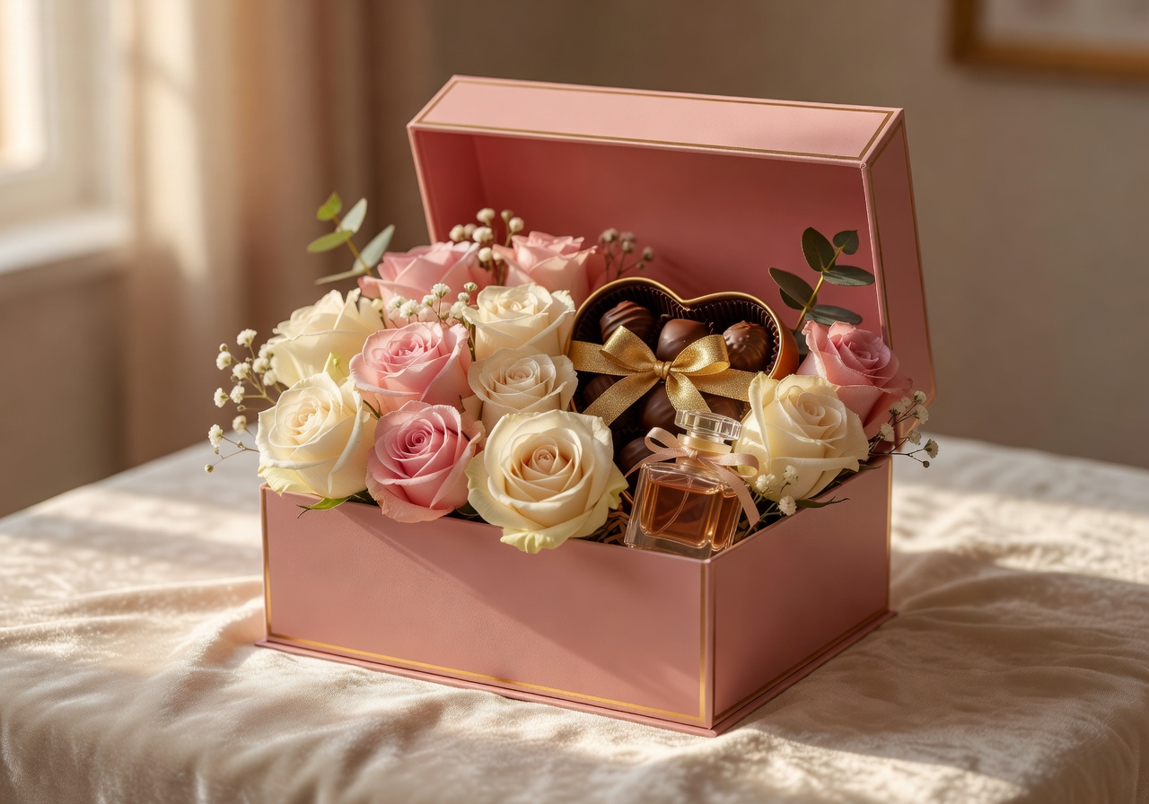 Romantic Gift Box with candles and chocolates wrapped in pink ribbon