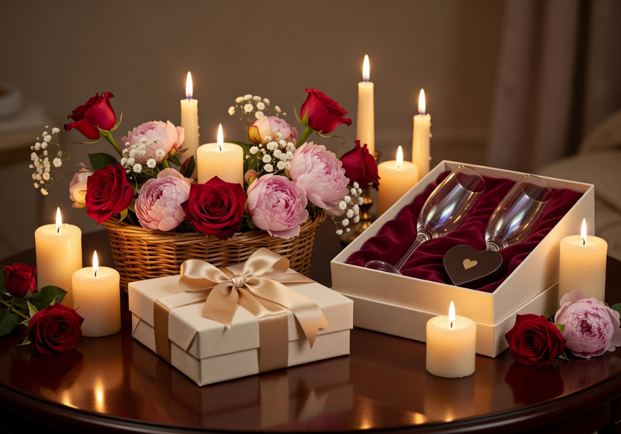 Romantic gift setup with candles and flowers for couples gift guide